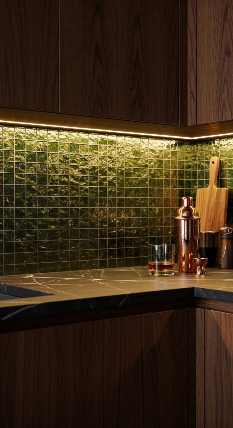 Moody sophisticated forest green glass mosaic backsplash with honed soapstone countertop and dark walnut cabinet