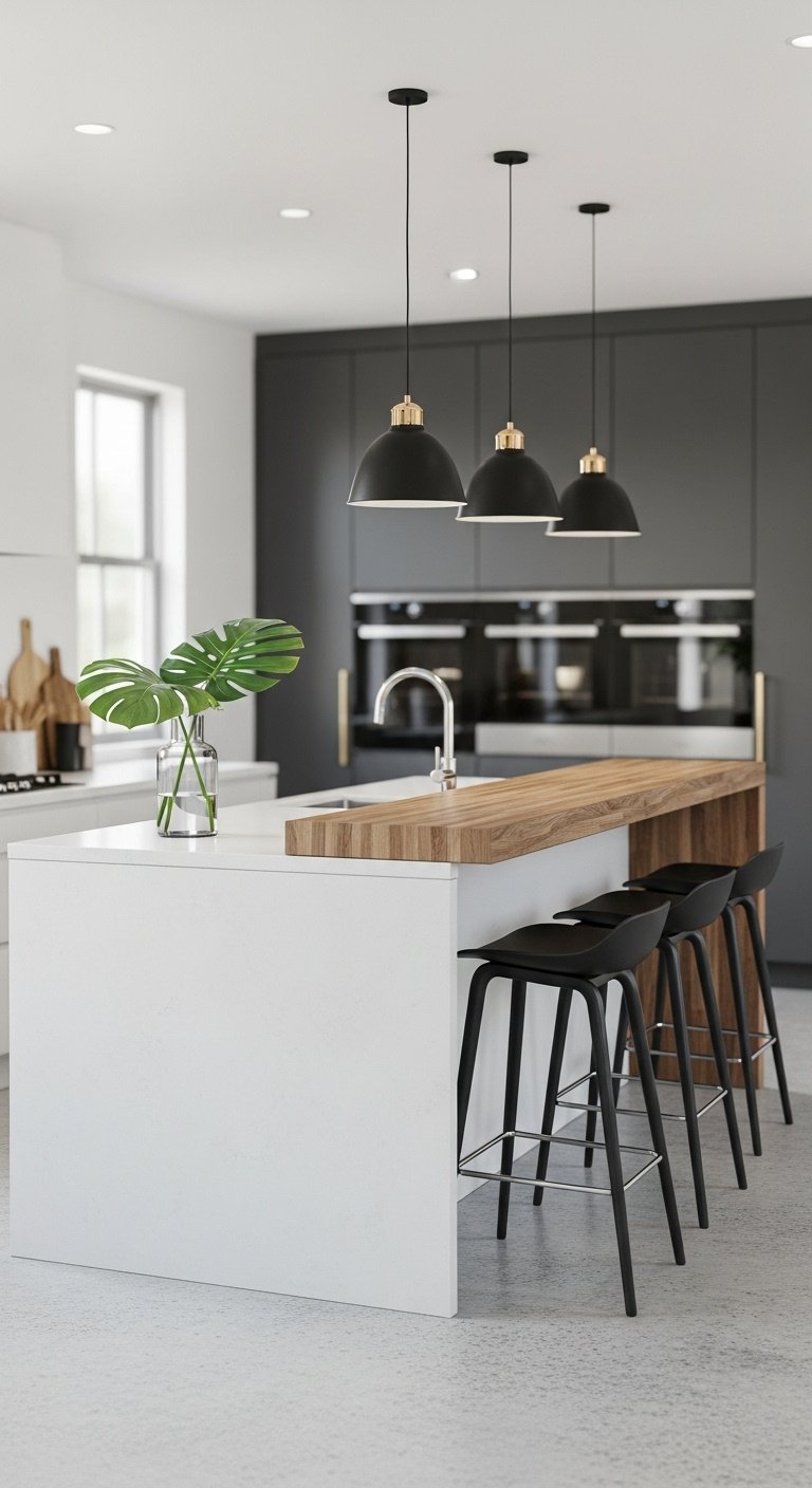 Multi-level kitchen island with white quartz and butcher block seating modern black stools pendant lights and dark grey cabinets