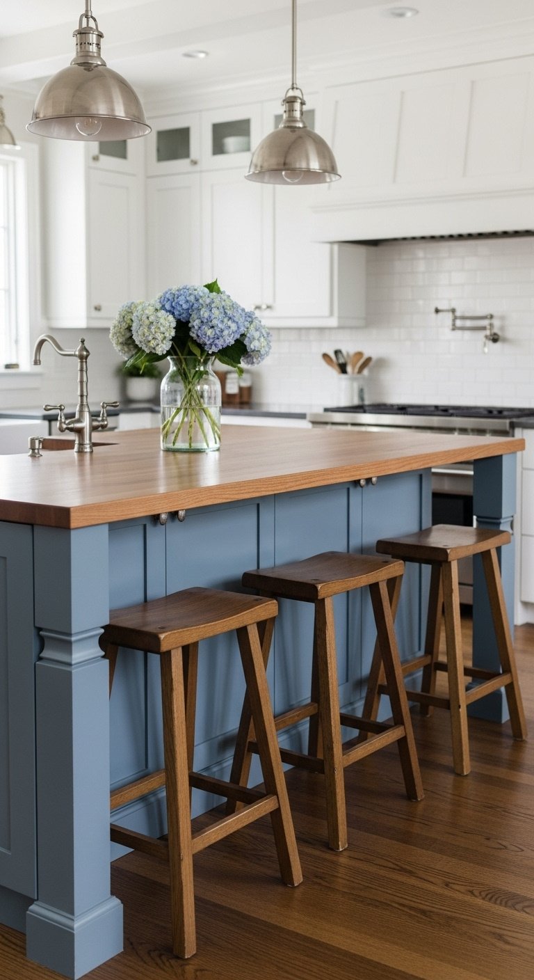 Muted blue kitchen island with oak butcher block top, rustic wooden bar stools, and fresh hydrangeas in a farmhouse kitchen