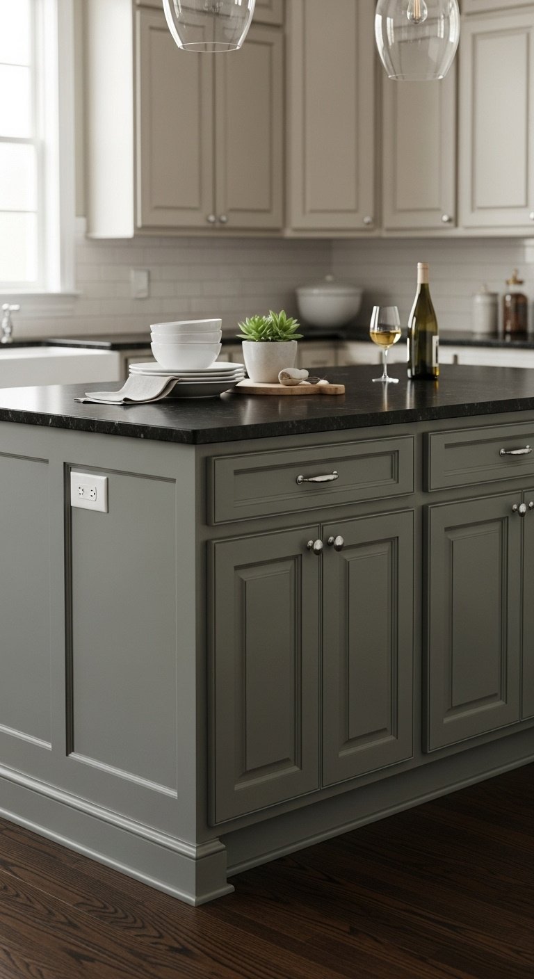 Muted gray-green kitchen island with honed black granite countertop brushed nickel hardware and greige cabinets