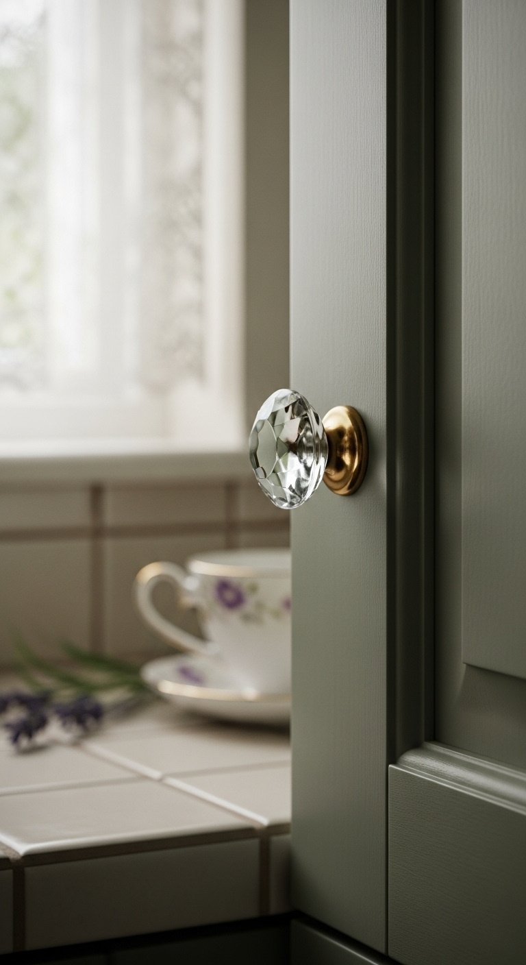 Muted sage green cabinet door vintage glass knob lace curtain cream tiled countertop lavender vintage teacup