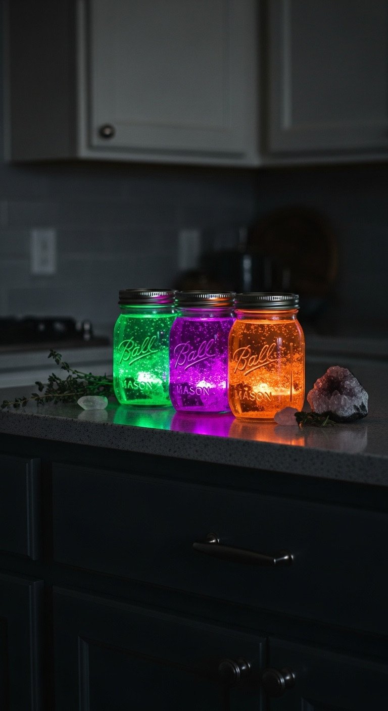 Mystical glowing witch jars with green purple and orange liquid on a dark kitchen cabinet with dried herbs and a crystal