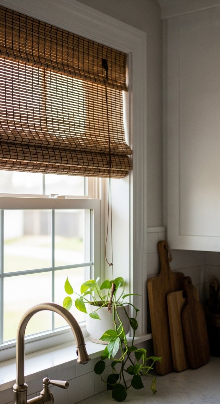 Natural bamboo woven wood Roman shade with intricate texture partially raised over kitchen window with pothos plant