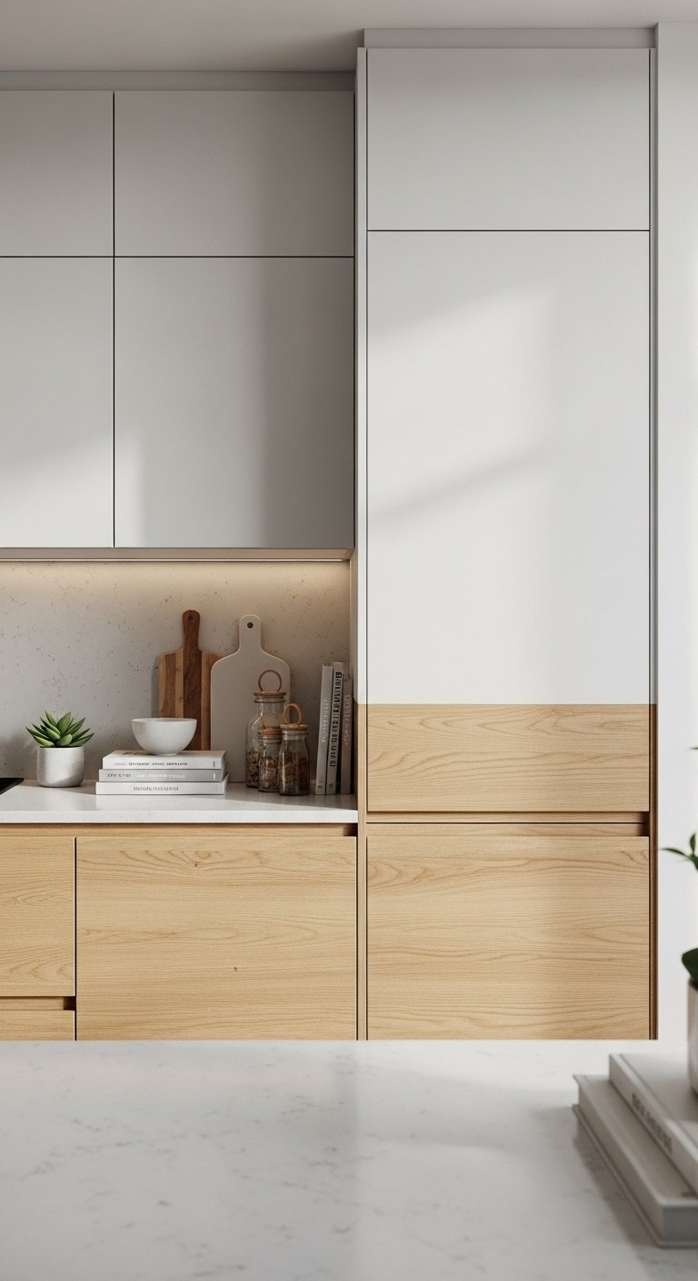 Natural birch lower cabinets and crisp white upper cabinets in a two-toned kitchen design
