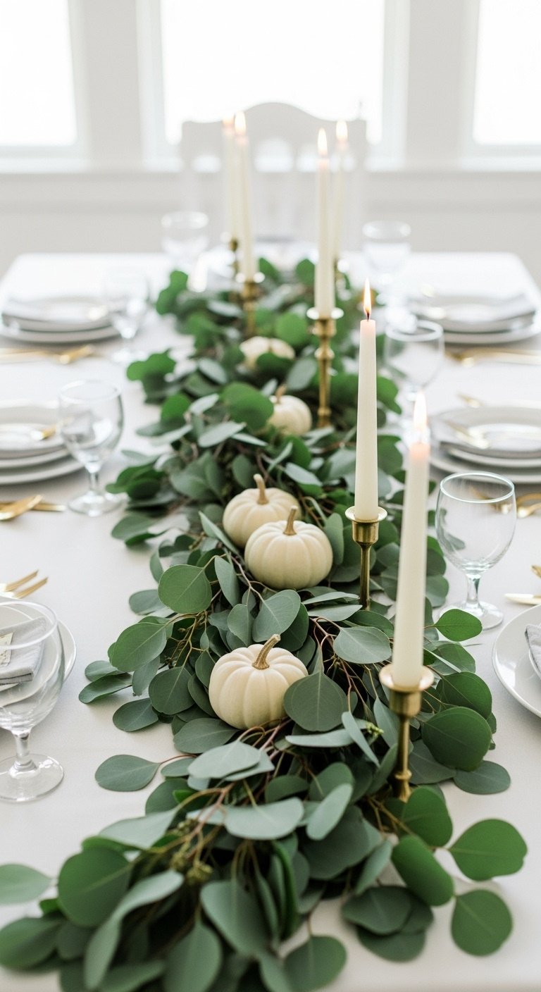 Natural eucalyptus garland runner for a fall tablescape with seeded eucalyptus white pumpkins and gold candlesticks on a white table