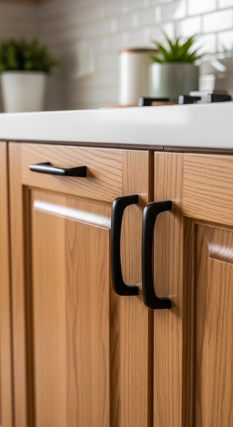 Natural honey oak kitchen cabinet door with modern matte black handle and green plant