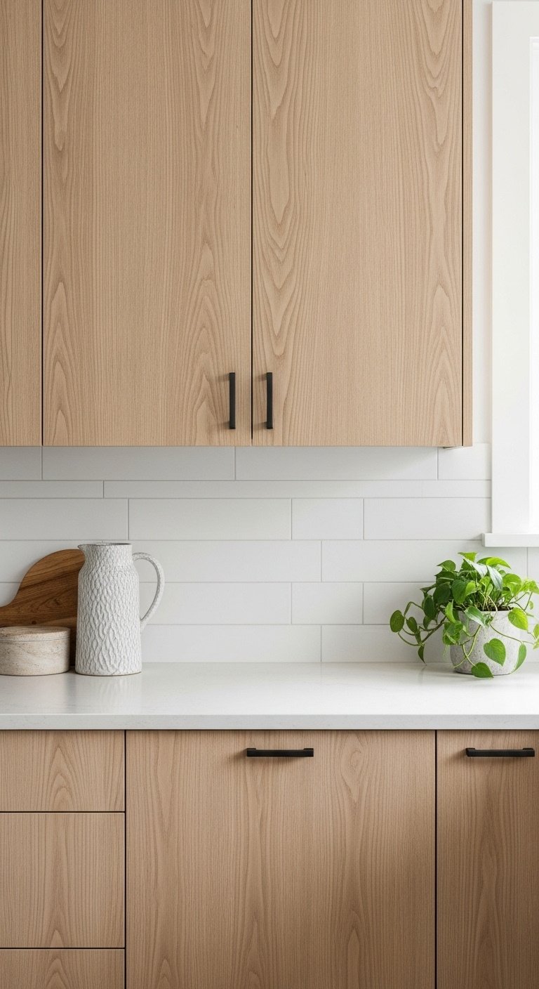 Natural light oak kitchen cabinets with prominent grain gray quartz countertop white tile backsplash ceramic pitcher green plant black pulls