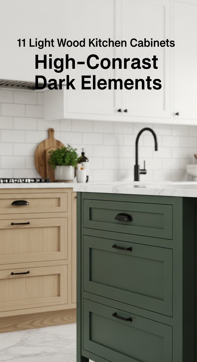 Natural white oak lower cabinets with forest green island and black hardware on white quartz countertop