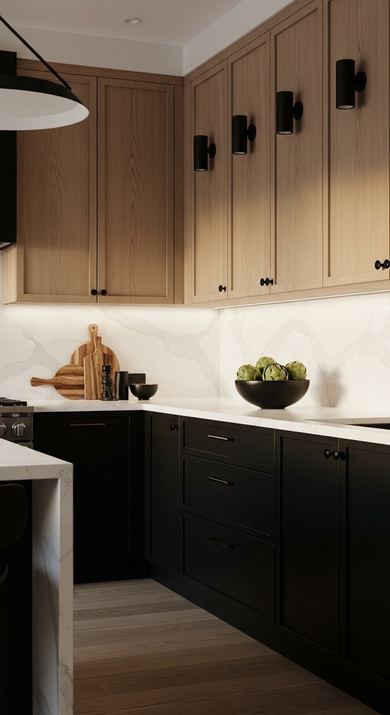 Natural white oak upper and matte black lower kitchen cabinets with white quartz countertop