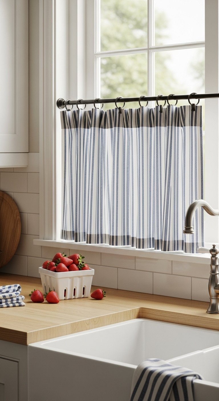 Navy and white ticking stripe cafe curtains on matte black rod over kitchen sink with wood counters and garden view