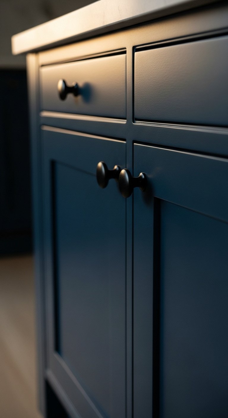 Navy blue Shaker cabinet door with matte black knob and white marble countertop in warm light