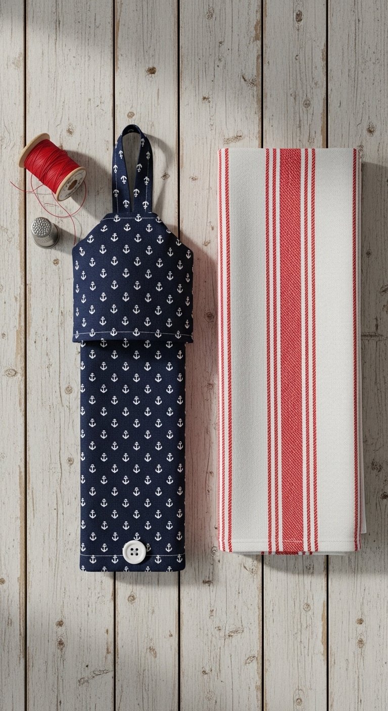 Navy blue anchor fabric towel topper with elastic loop and button next to a red striped kitchen towel