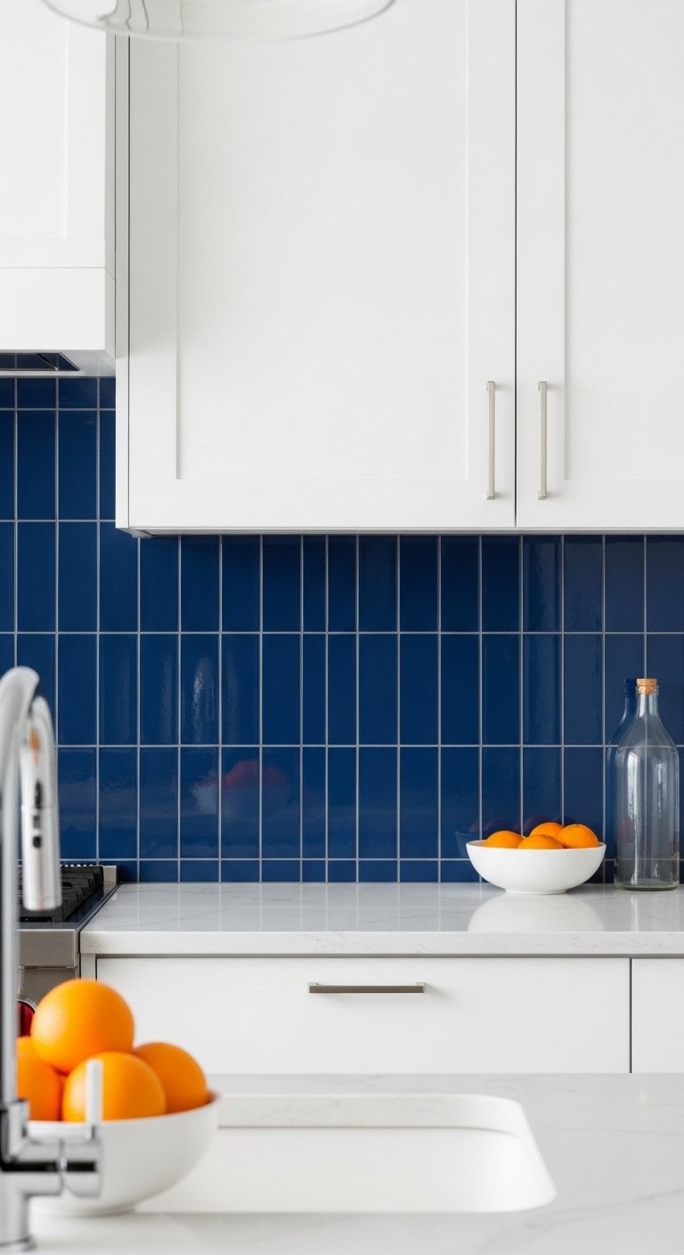 Navy blue glazed ceramic subway tile backsplash in a vertical stack pattern between white cabinets and a white quartz countertop