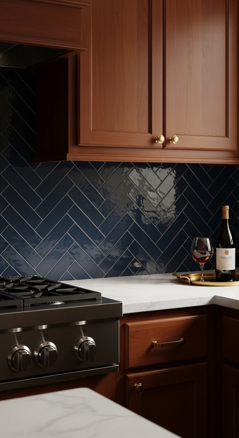Navy blue herringbone tile backsplash with cherry wood cabinets and white quartz countertop