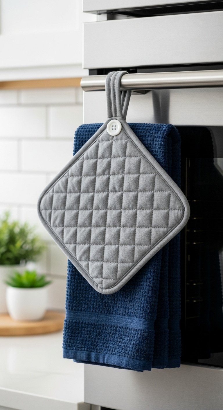 Navy blue kitchen towel with gray quilted potholder hanging from a stainless steel oven handle with a white button