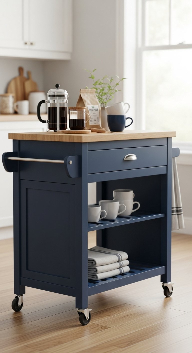 Navy blue rolling kitchen cart with butcher block top styled as a coffee station with French press and mugs