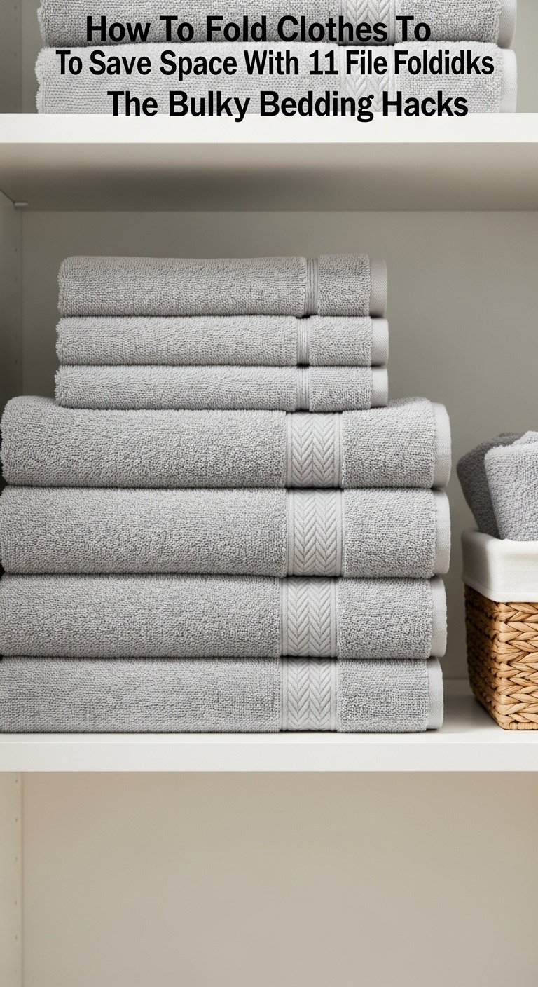 Neat stack of file-folded grey bath towels on a white linen closet shelf with a woven basket and blurred closet background in bright studio light