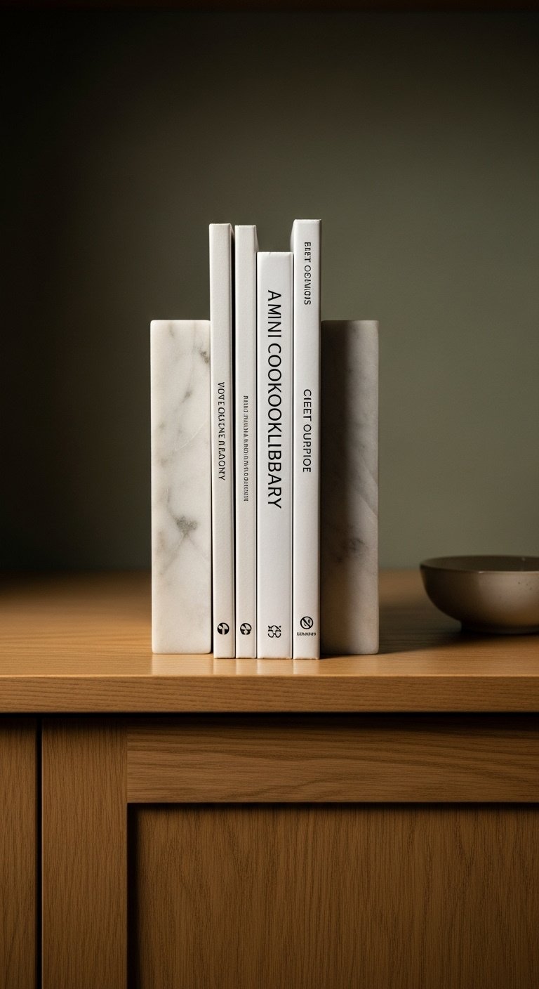 Neat stack of five hardcover cookbooks between white marble bookends on light wood kitchen cabinets with a dark green wall