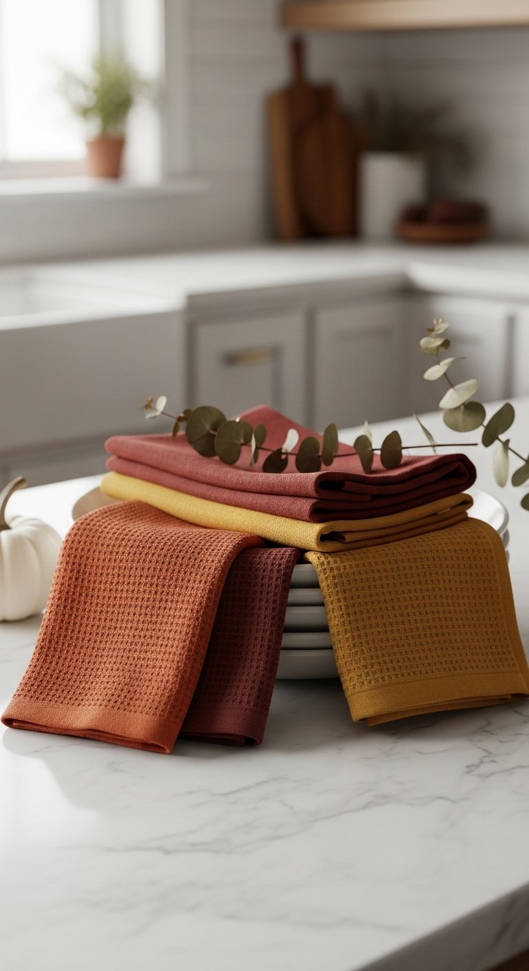 Neatly folded fall kitchen tea towels and cloth napkins in burnt orange maroon and golden yellow on a marble countertop with a small pumpkin