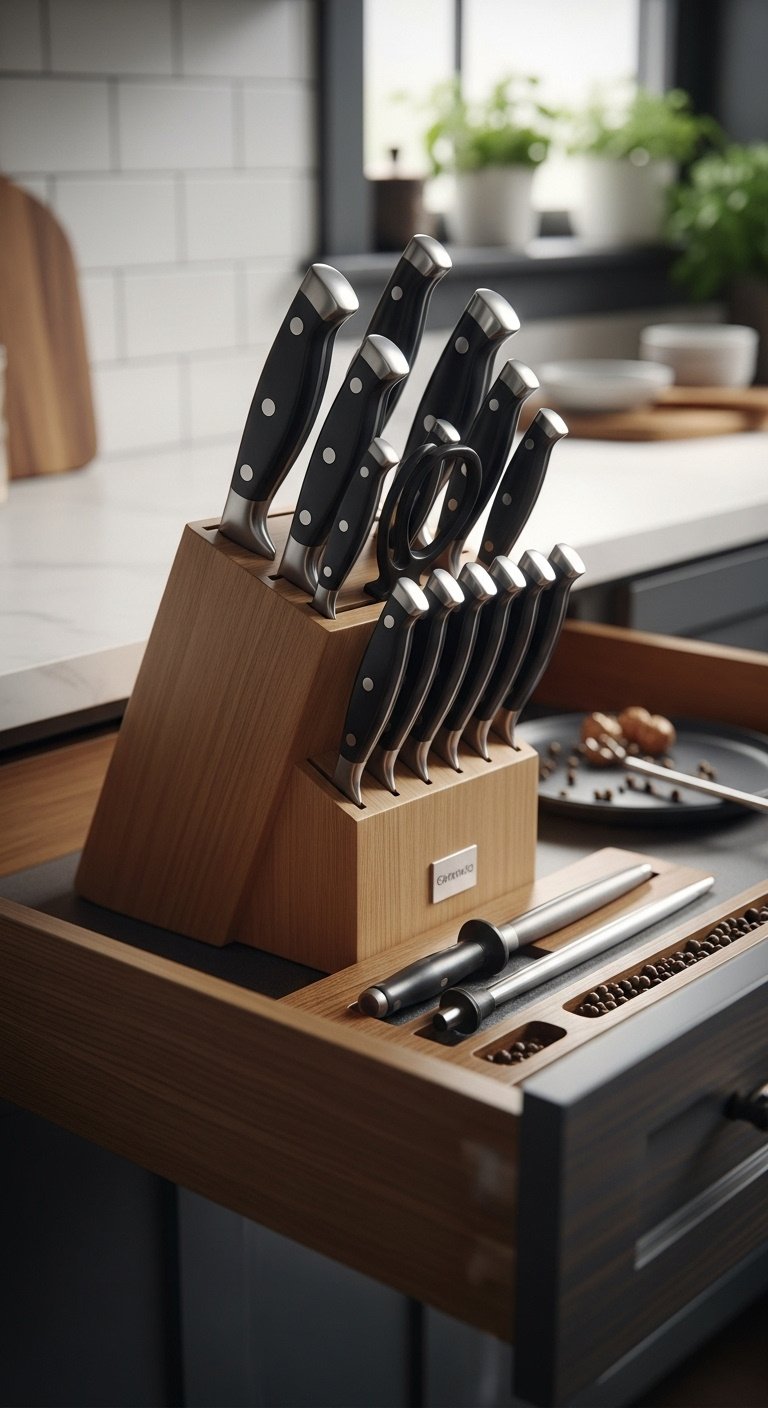 Neatly organized kitchen drawer with bamboo dividers flatware tray and utensil holders