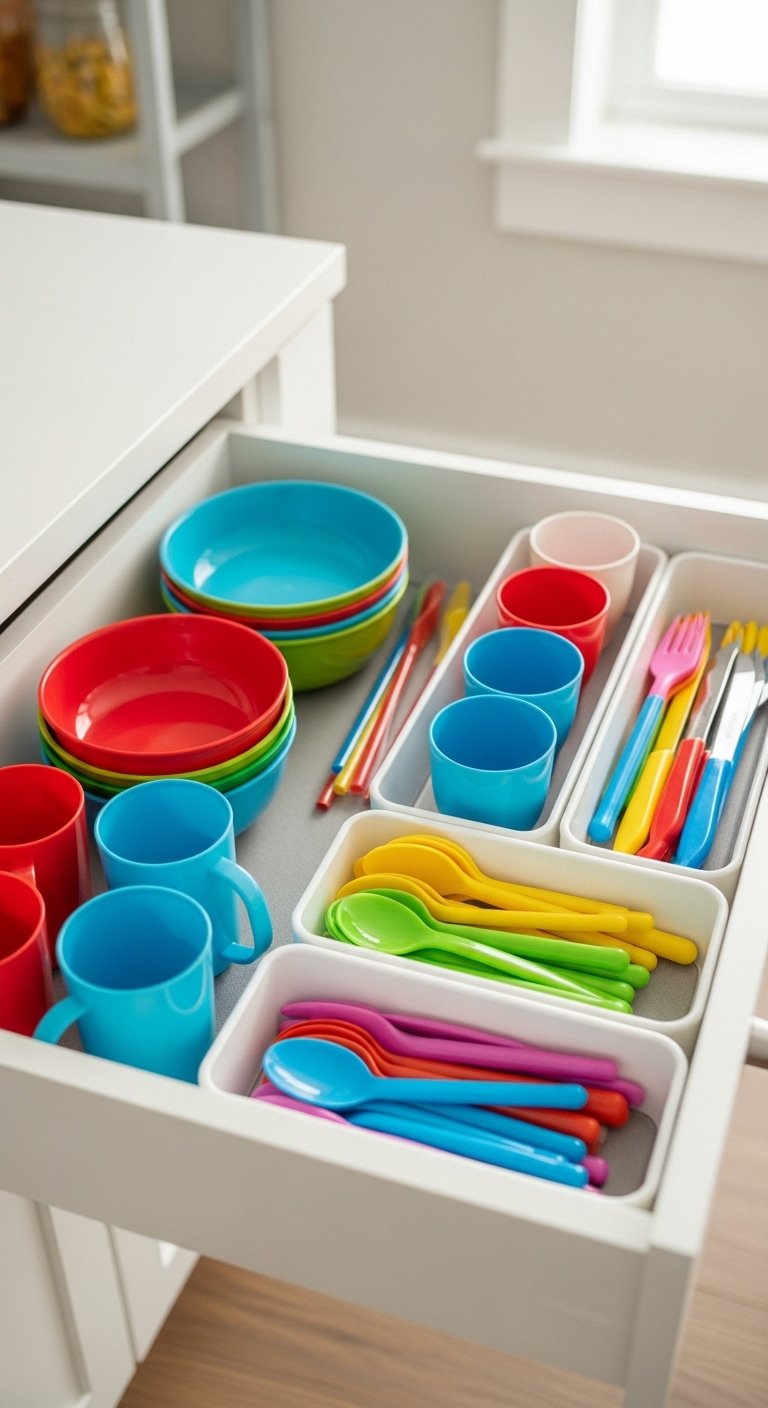 Neatly organized light wood kitchen drawer with bamboo dividers flatware tray utensil holders and tiered spice insert in a modern kitchen