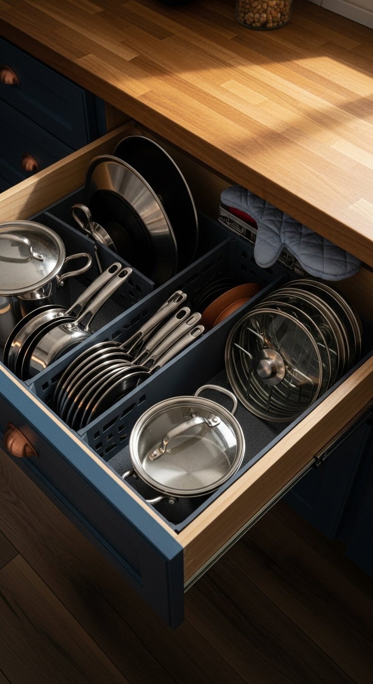Neatly organized light wood kitchen drawer with bamboo dividers utensil holders and spice insert in a modern kitchen