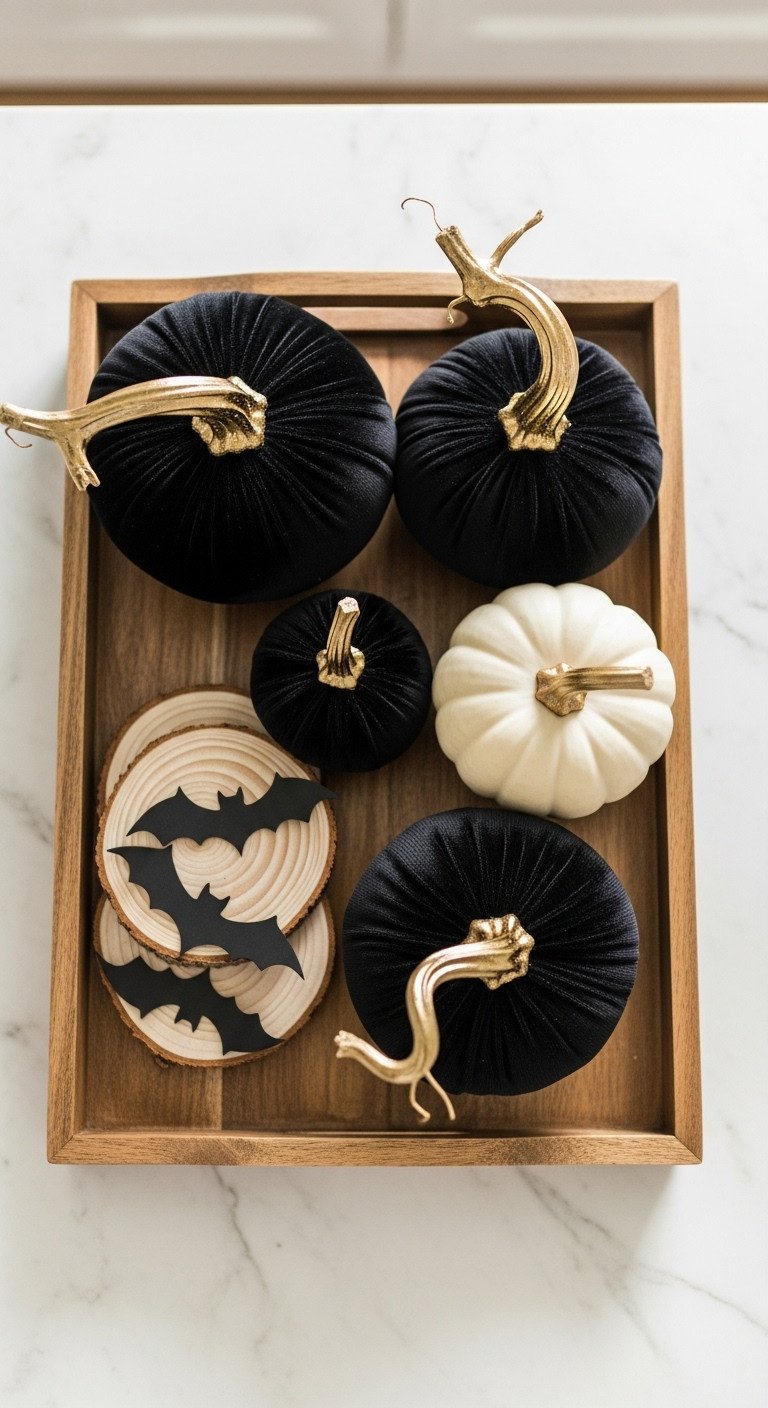 Neutral Halloween decor with a chic spooky tray of black velvet pumpkins white pumpkin and bat cutouts on a marble countertop