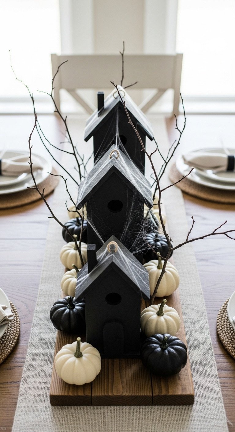 Neutral Halloween kitchen with a chic spooky DIY haunted village centerpiece featuring black birdhouses cobwebs and tiny pumpkins