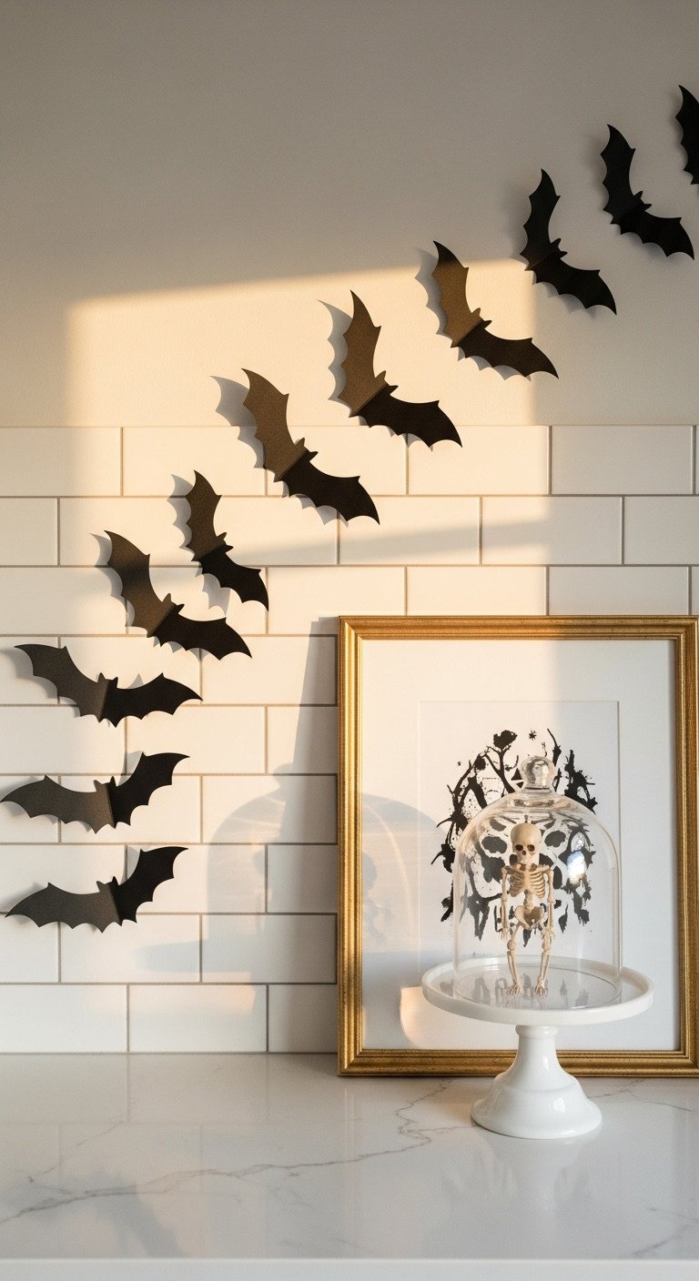 Neutral Halloween kitchen with a chic spooky backsplash featuring matte black bats a gold-framed art print and a cloche with a skeleton
