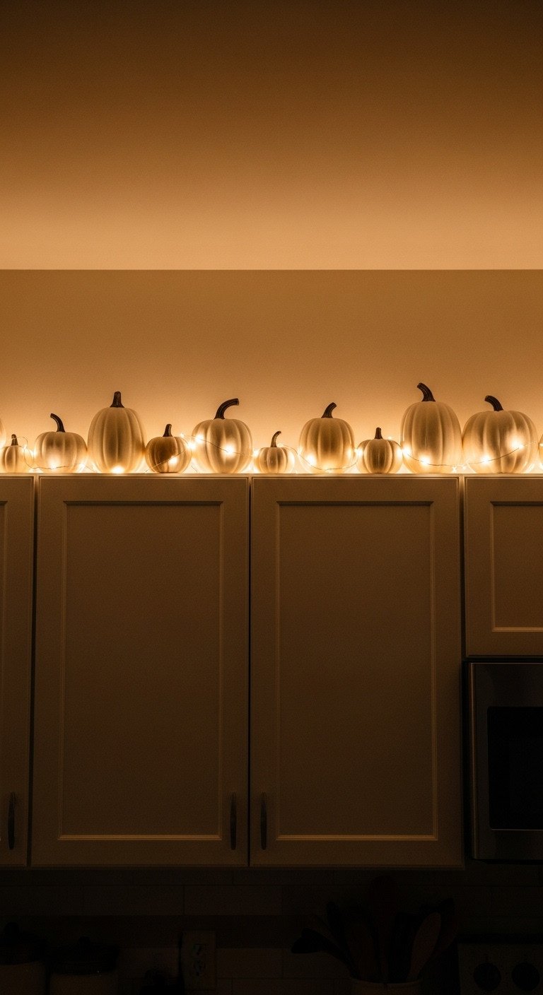 Neutral Halloween kitchen with a chic spooky glowing pumpkin parade on top of white cabinets with warm white LED twinkle lights