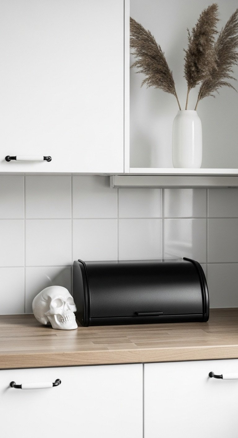 Neutral Halloween kitchen with a chic spooky minimalist corner featuring a white ceramic skull and matte black bread box