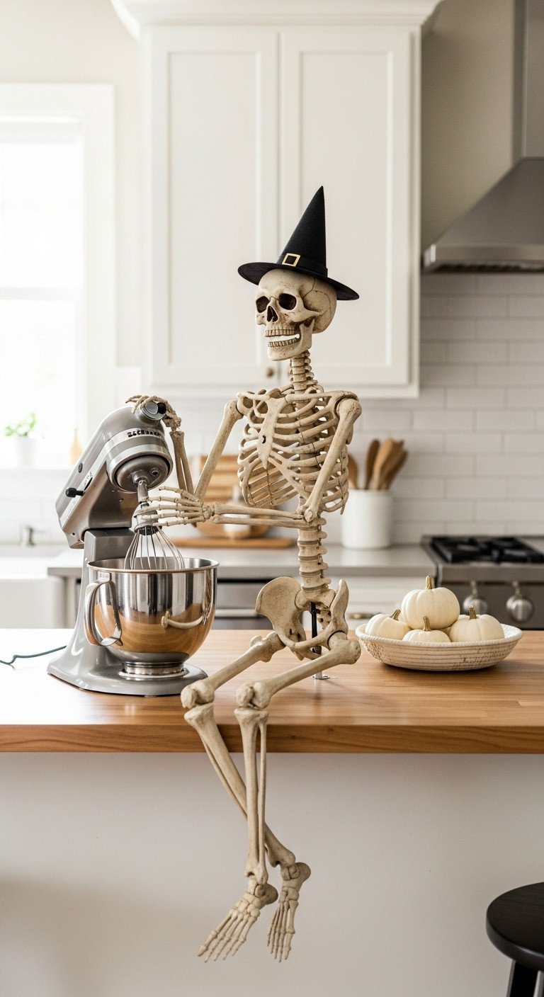 Neutral Halloween kitchen with a chic spooky poseable skeleton wearing a witch hat next to a stand mixer and white pumpkins