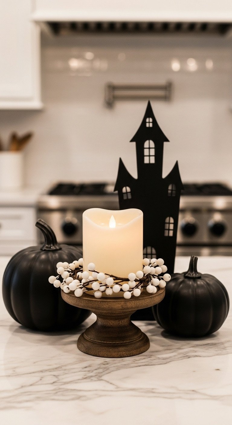 Neutral Halloween kitchen with a chic spooky vignette on a marble countertop featuring an LED candle black pumpkin and haunted house silhouette