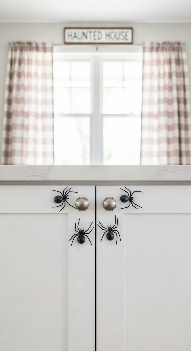 Neutral Halloween kitchen with chic spooky black spider decals on white cabinets and a haunted house sign in the window