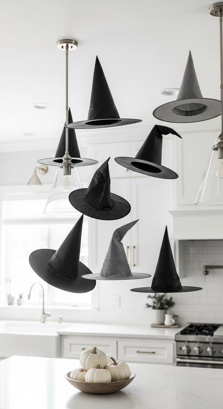 Neutral Halloween kitchen with floating black and grey witch hats above a clean kitchen island creating a magical display