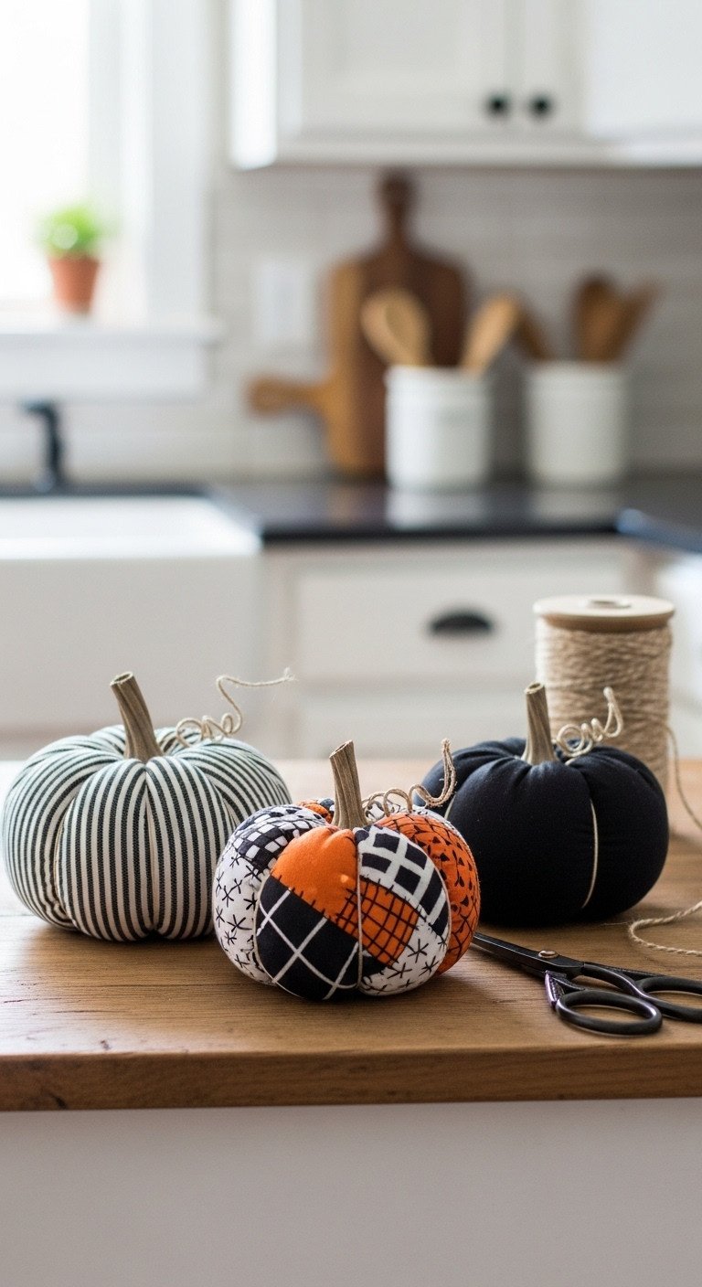 Nightmare Before Christmas kitchen with DIY fabric pumpkins in pinstripe patchwork and black fabric on a rustic table