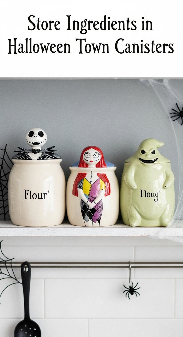 Nightmare Before Christmas kitchen with Halloween Town canisters featuring Jack Skellington Sally and Oogie Boogie on a shelf