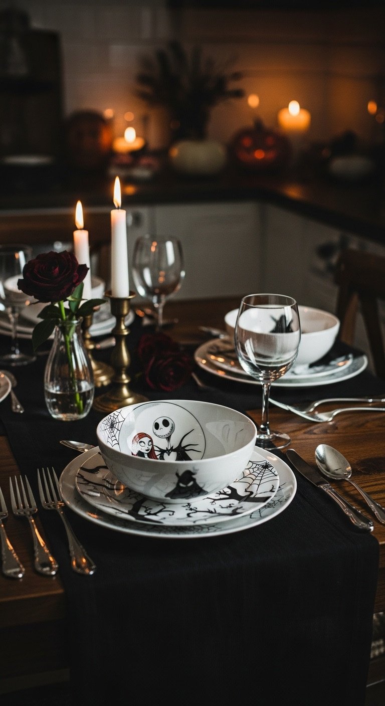 Nightmare Before Christmas kitchen with a Halloween-themed dinner table featuring Jack and Sally dinnerware Oogie Boogie bowl and black linen runner