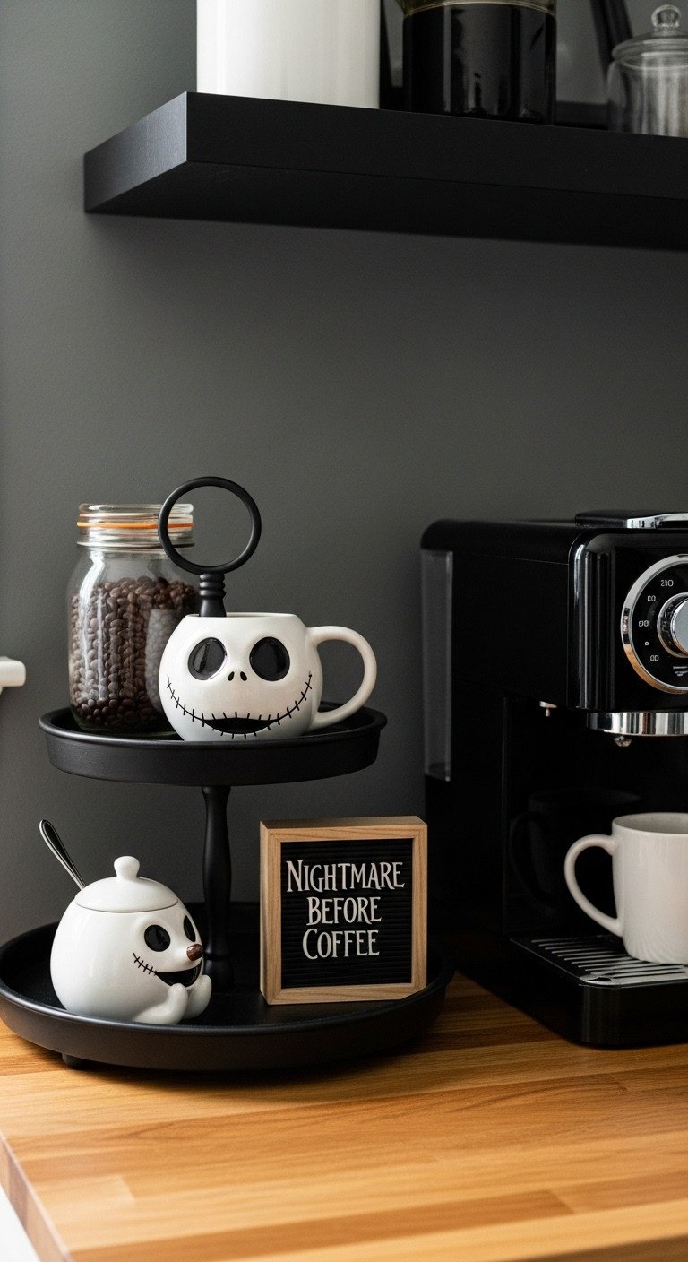 Nightmare Before Christmas kitchen with a Nightmare Before Coffee station featuring a Jack Skellington mug and coffee beans