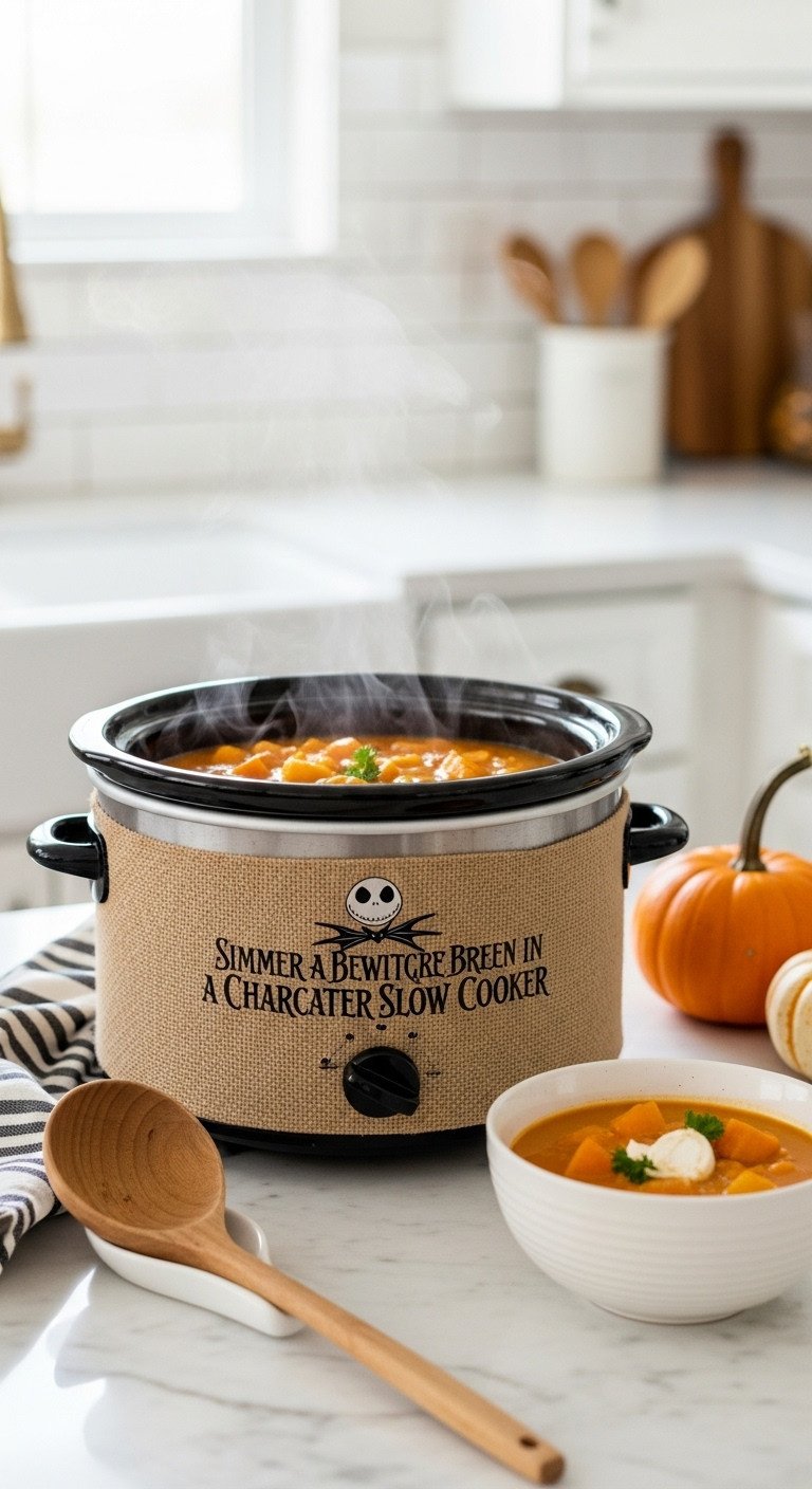 Nightmare Before Christmas kitchen with an Oogie Boogie slow cooker filled with pumpkin stew on a marble countertop