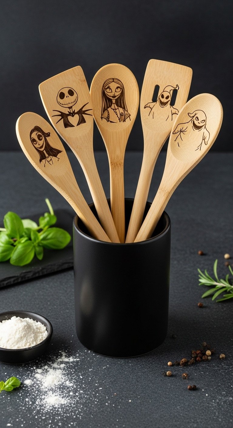 Nightmare Before Christmas kitchen with frightfully fun cooking utensils featuring Jack Sally Zero and Oogie Boogie in a holder
