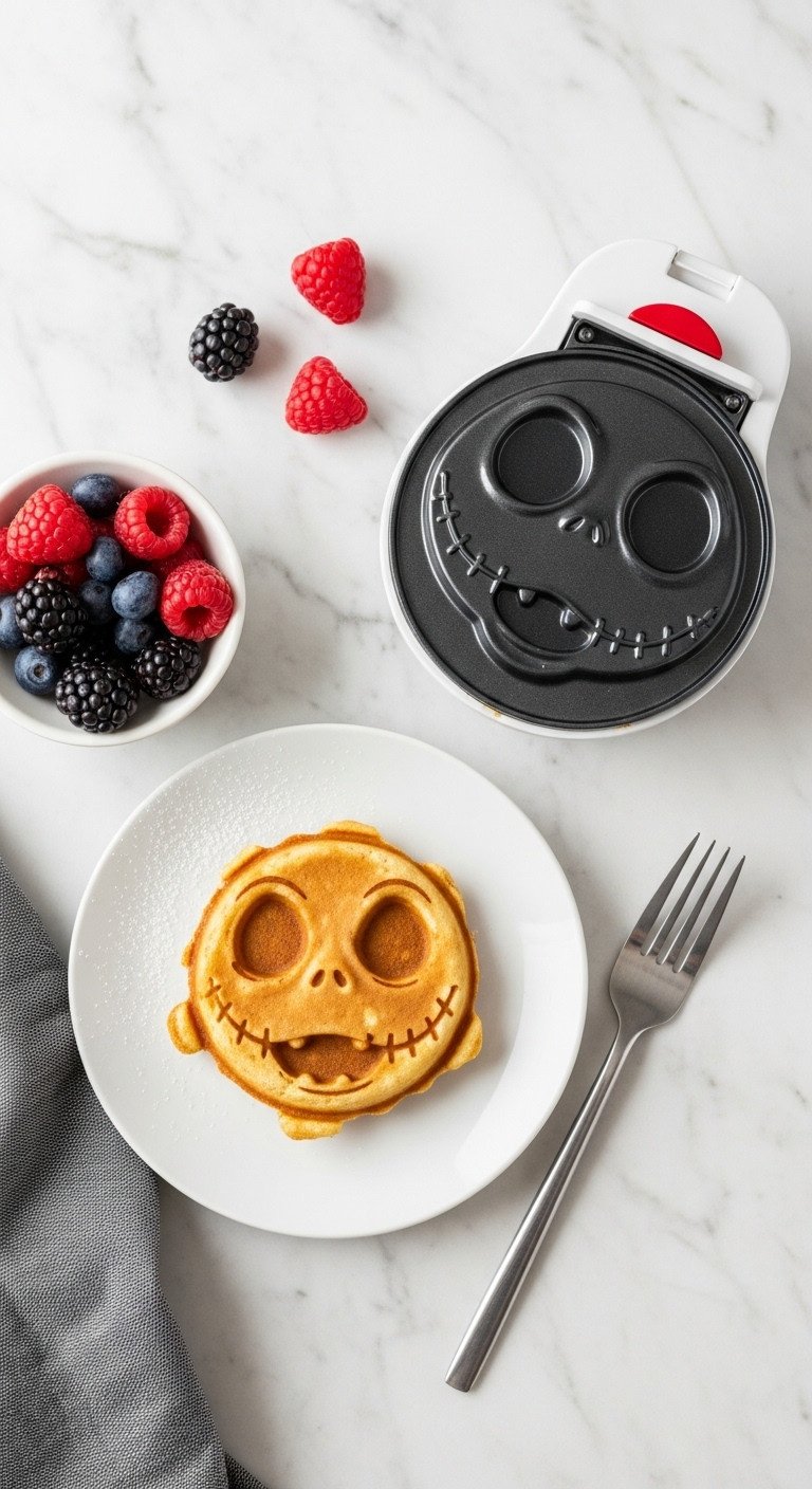 Nightmare Before Christmas kitchen with ghoulishly good treats featuring a Jack Skellington waffle and mini waffle maker