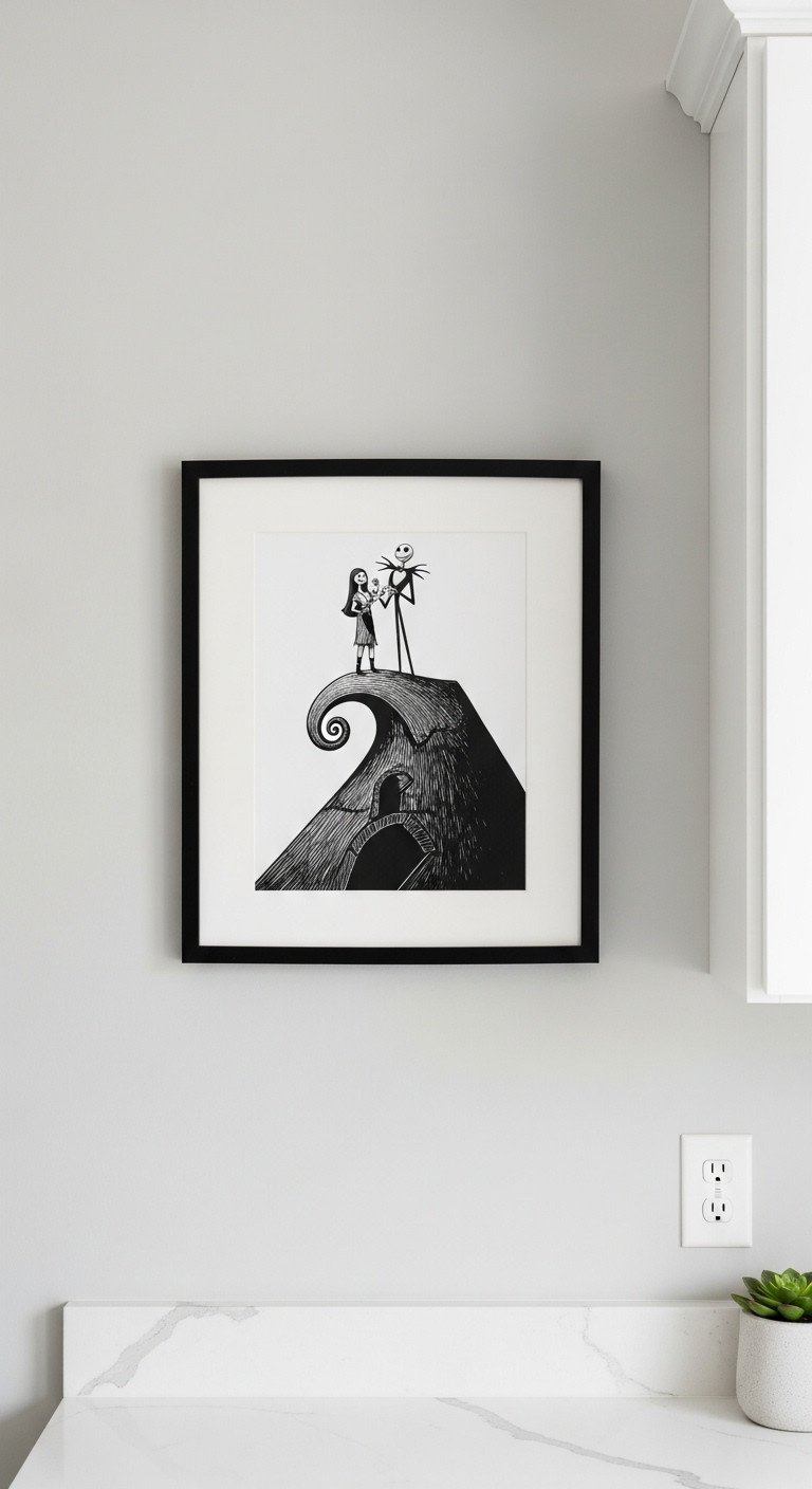 Nightmare Before Christmas kitchen with iconic movie art featuring Jack Skellington and Sally on Spiral Hill framed on a wall