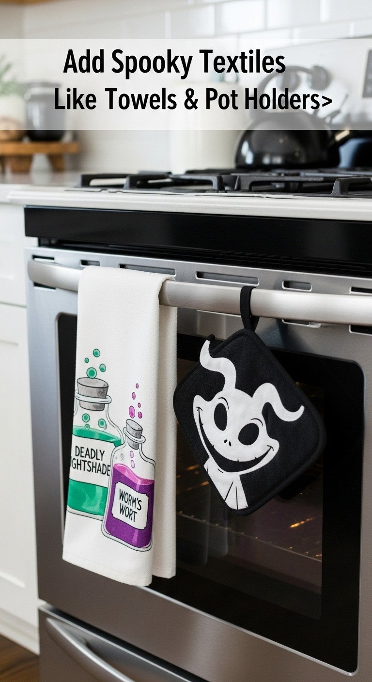 Nightmare Before Christmas kitchen with spooky textiles featuring a Sally potion jar towel and Zero pot holder on an oven handle