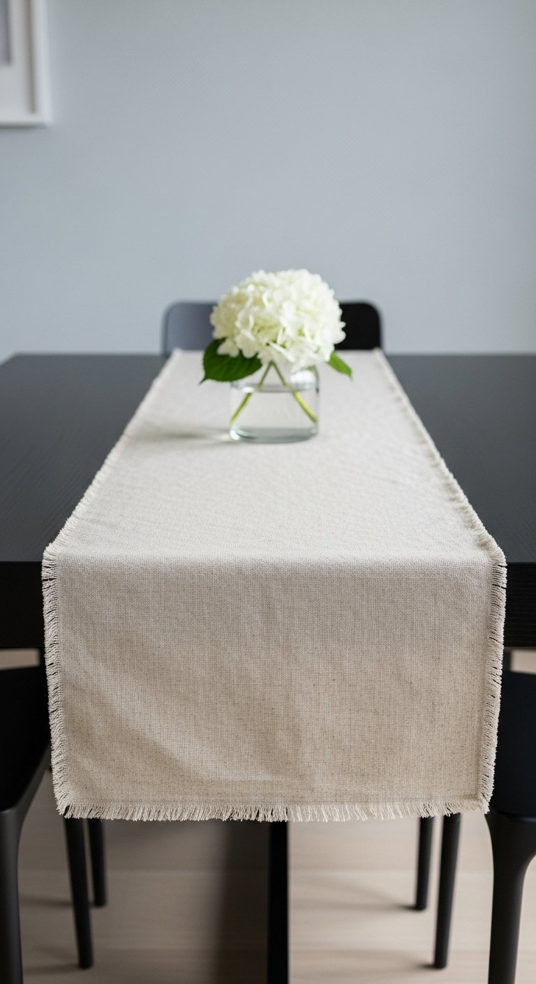 Oatmeal linen table runner on a black dining table with a low glass vase holding a white hydrangea in natural light