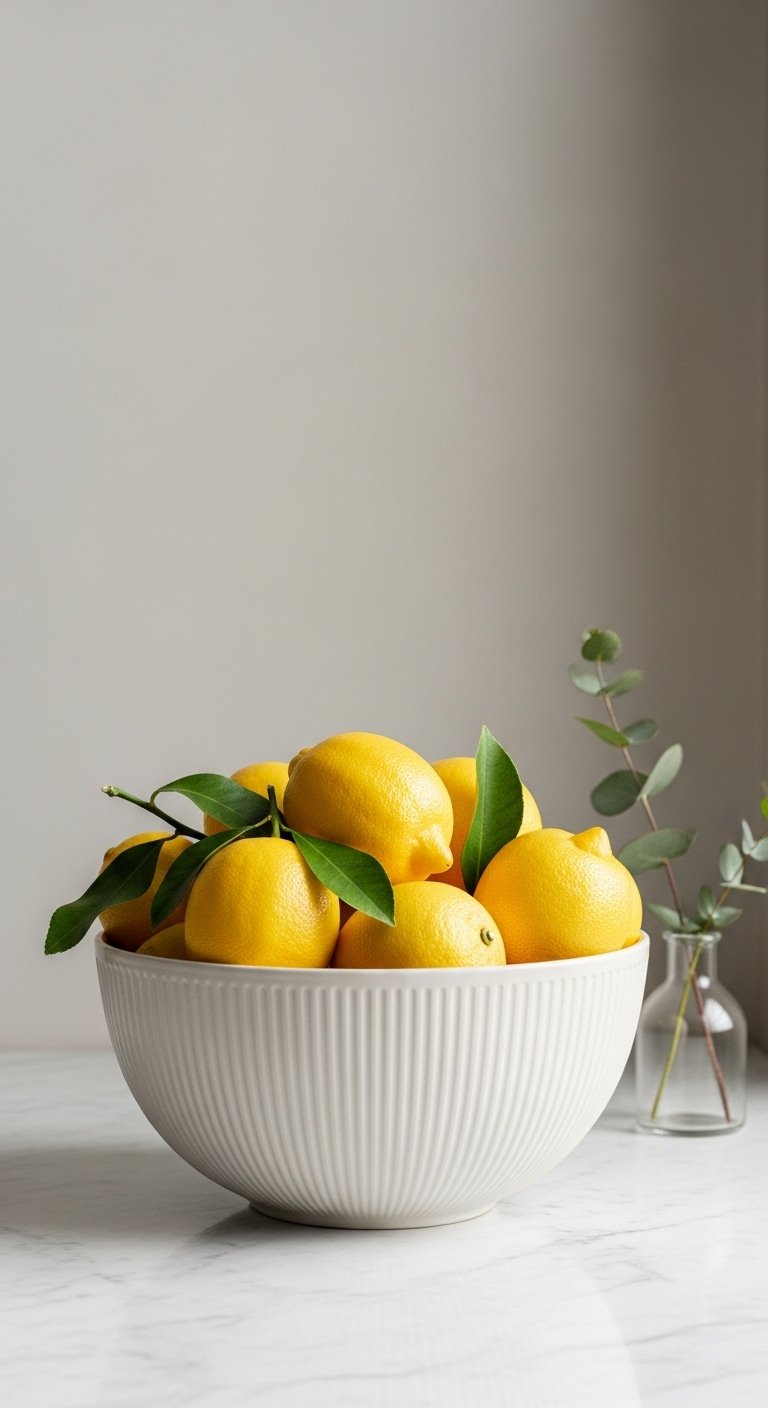 Off-white ceramic bowl filled with vibrant yellow lemons on a marble countertop with eucalyptus in minimalist light