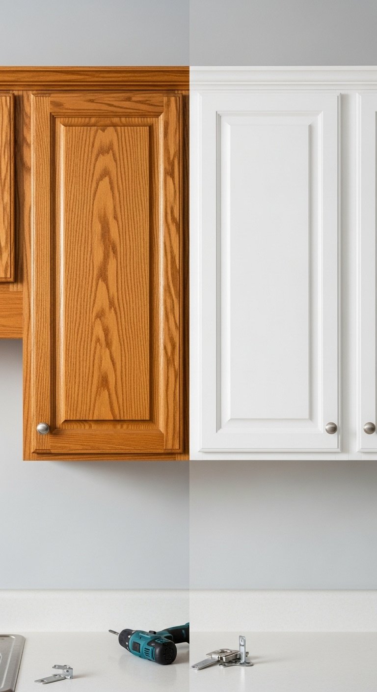 Old golden oak cabinet next to new white shaker door showing cabinet refacing transformation