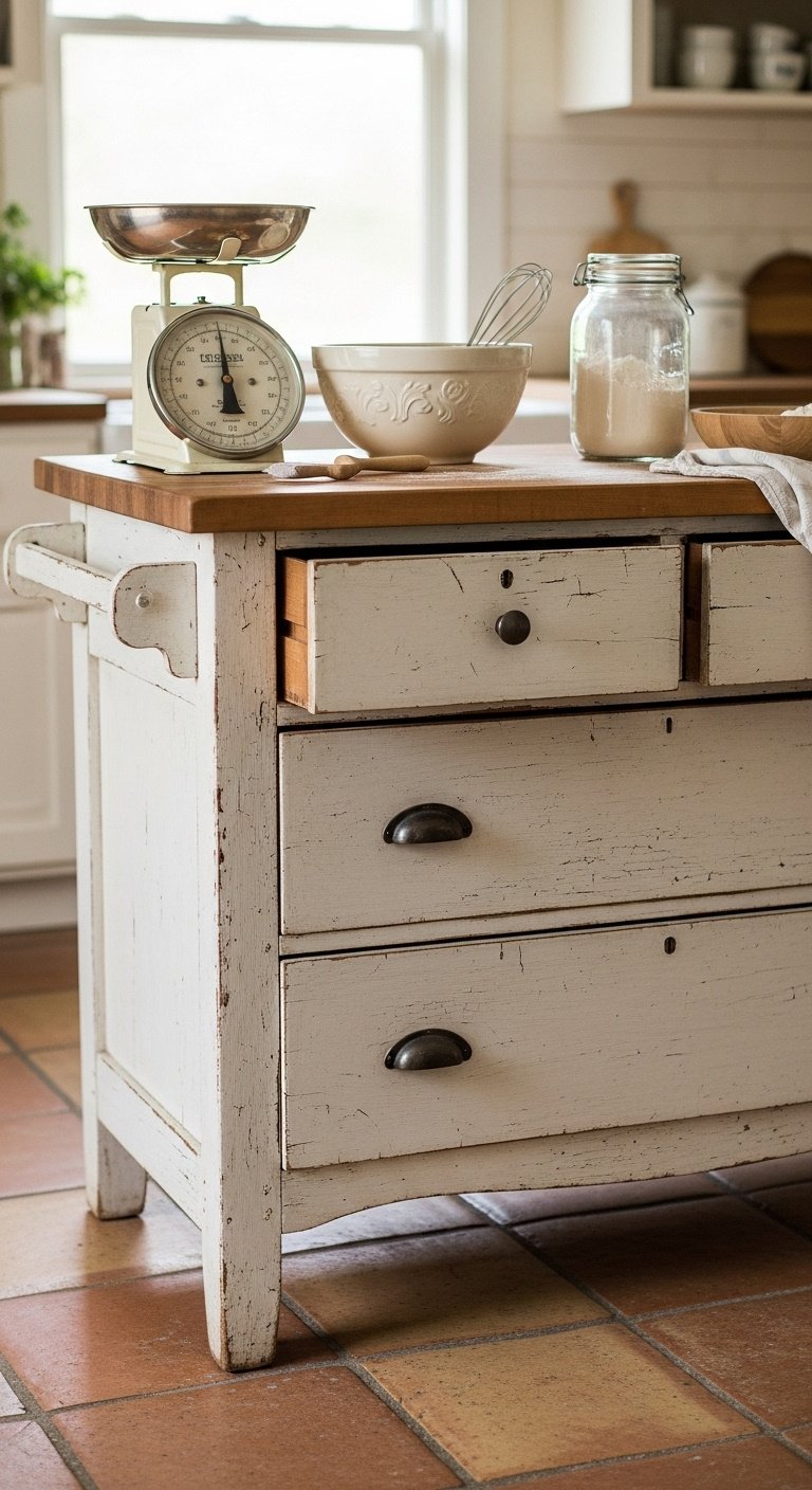 Old wooden dresser repurposed into a chippy white farmhouse kitchen island with butcher block top and vintage hardware
