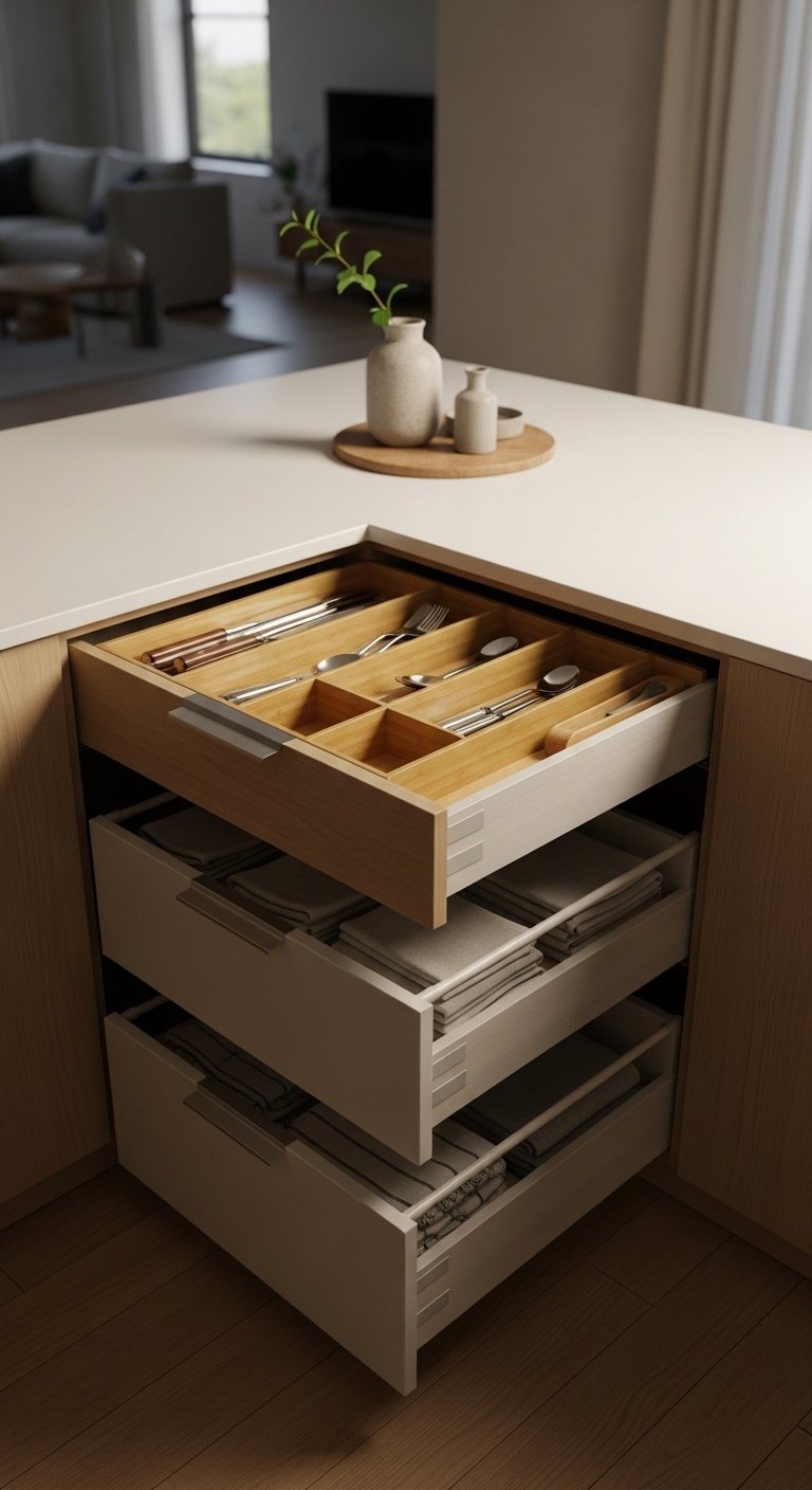 Open angled corner drawers in a light wood kitchen, organized with silverware, utensils, and linens, warm moody light, bokeh background