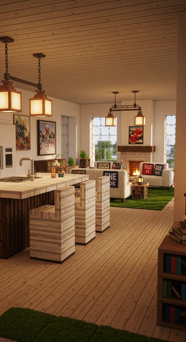 Open-concept Minecraft kitchen and living area with island stair seating wool sofa fireplace and warm ambient lighting